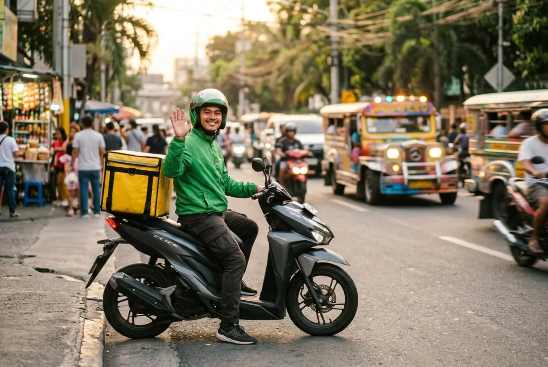 A smiling Pineapple rider in a green jacket waving from his scooter on a sunny city street