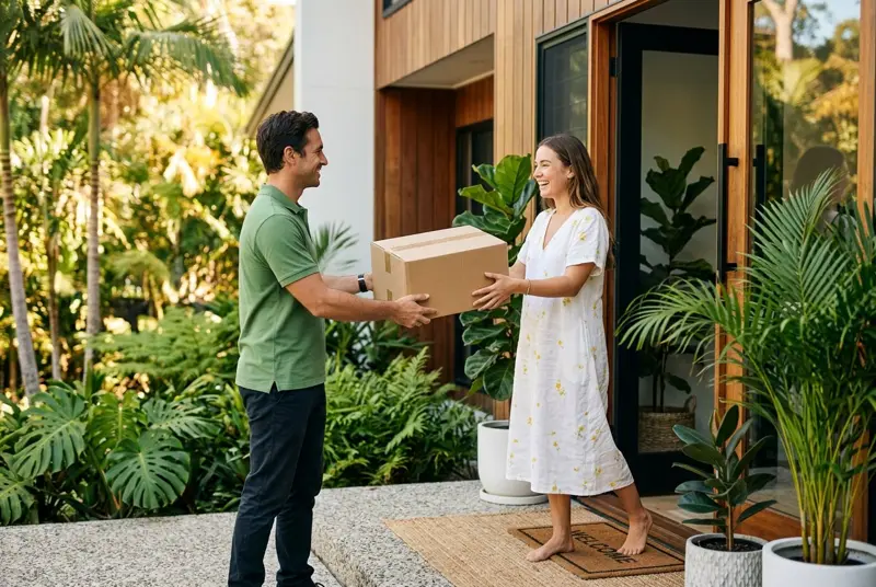 A Pineapple courier handing a parcel to a smiling customer at her door